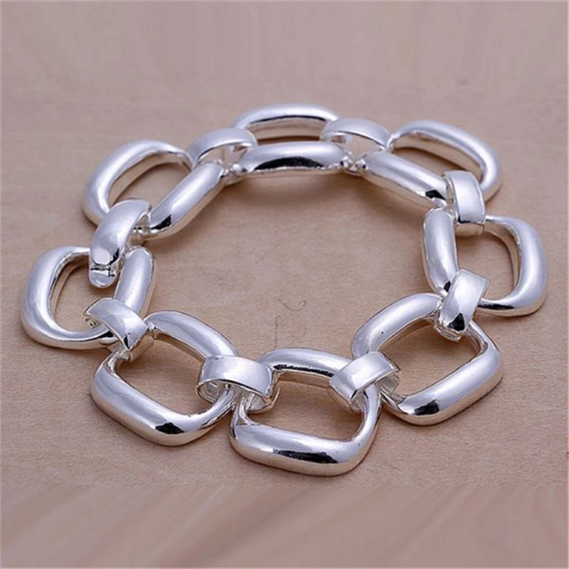 Silver Plated Bracelets for Women Square Geometric Link Chain Bangles Pulseira Femme Wristband Trendy Jewelry Accessories