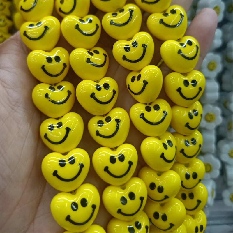 10pcs 16x14mm Heart Shape Smile Face Ceramic Beads For Jewelry Making DIY Loose Yellow Ceramics Bead Fit Bracelet Necklace