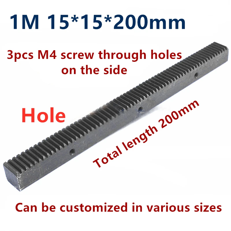 

2pcs 1M 15*15*200mm spur rack hole distance 60mm 1 mod straight rack finished hole side punching drilling