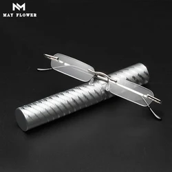 May Flower Mini Portable Reading Glasses Small Metal Rimless Presbyopic Eyewear With Pen Tube Case Mini Reading Eyeglasses+3.5+4