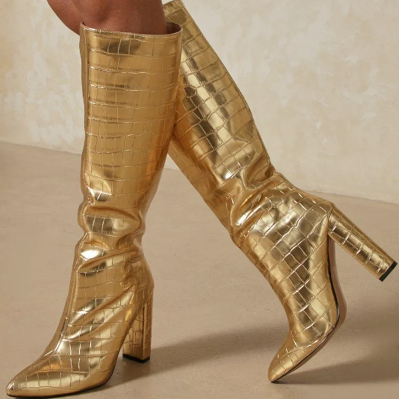 Trendy Gold Silver Shoes Boots High Chunky Heel Knee High Boots for Women Stone Print Slip-on Size 43