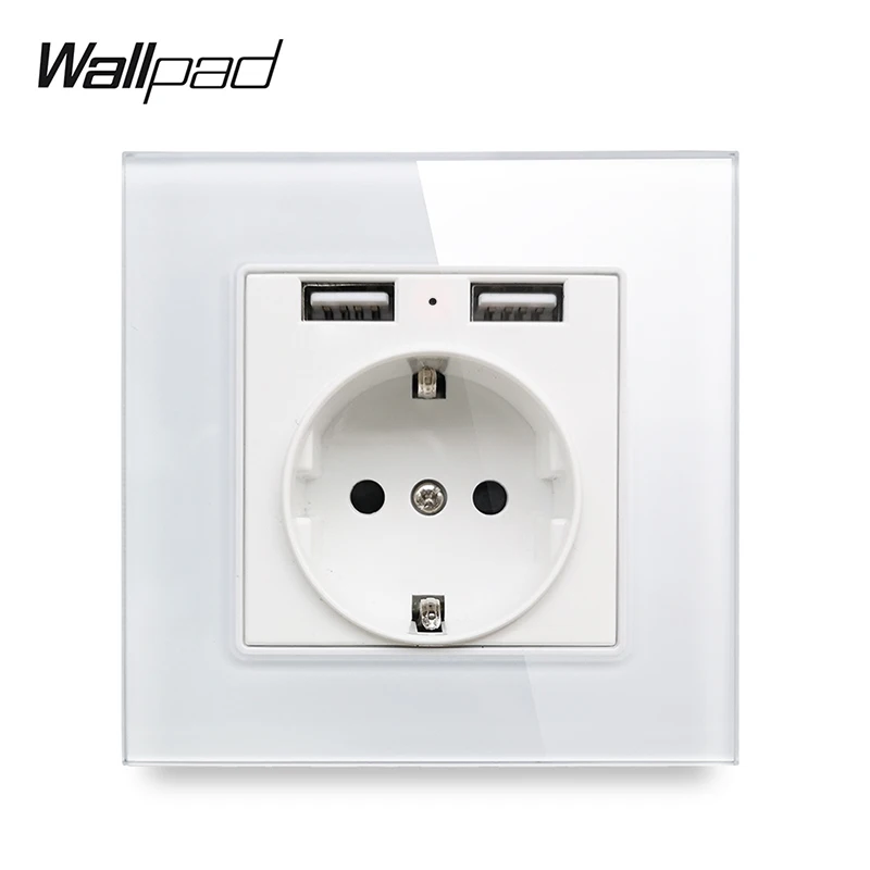 EU Wall Socket with 2.4A 2 x USB Charging Ports Wallpad Glass Single Power Outlet Plate EU Standard Socket with Two USB Ports