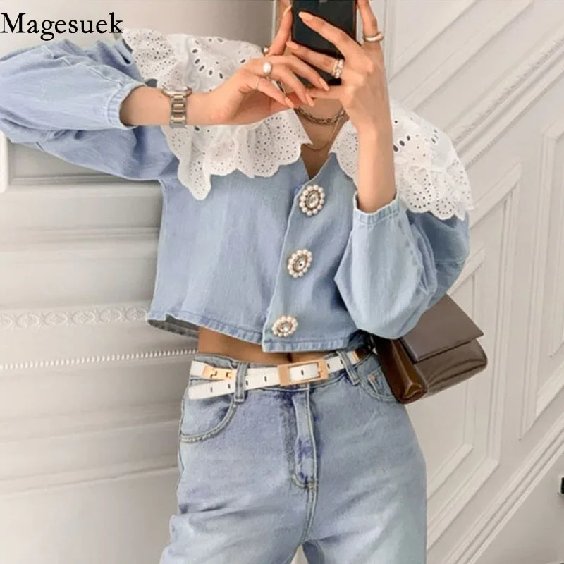 

Korean Spring Autumn Sweet Women Shirts 2021 Doll Collar Demin Blouses Temperament Girls Age-Reducing Lace Stitching Blusa 13968