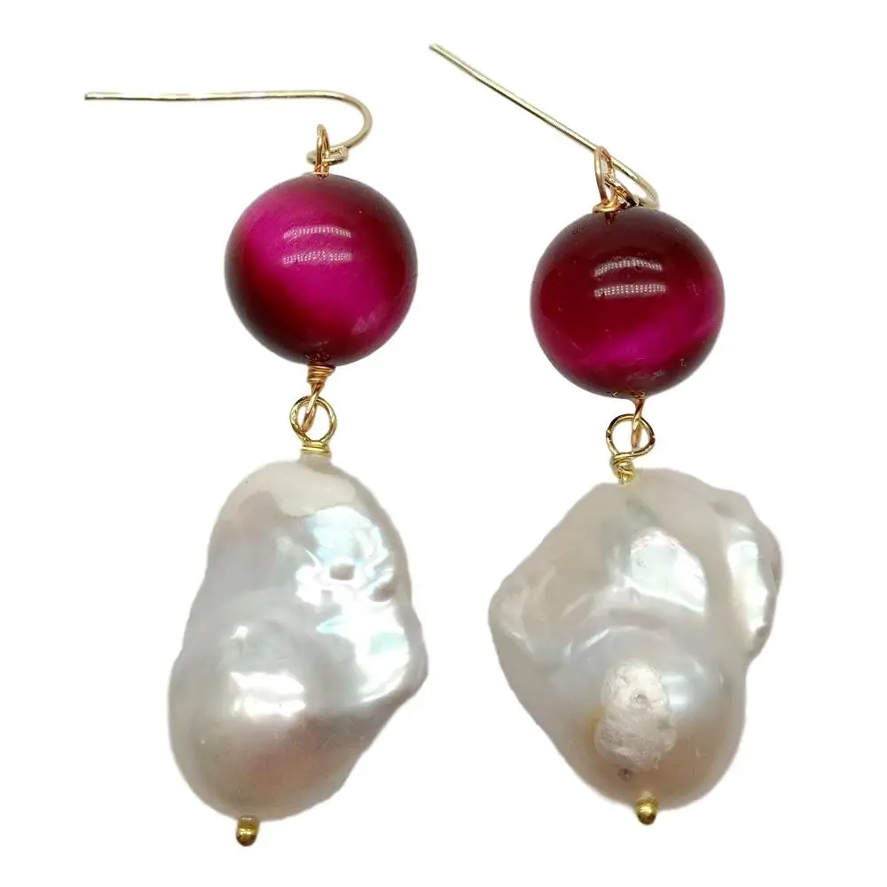 Y·YING Cultured White Keshi Pearl 14mm Fuchsia Tiger Eye round  Dangle Hook Earrings trendy style for women