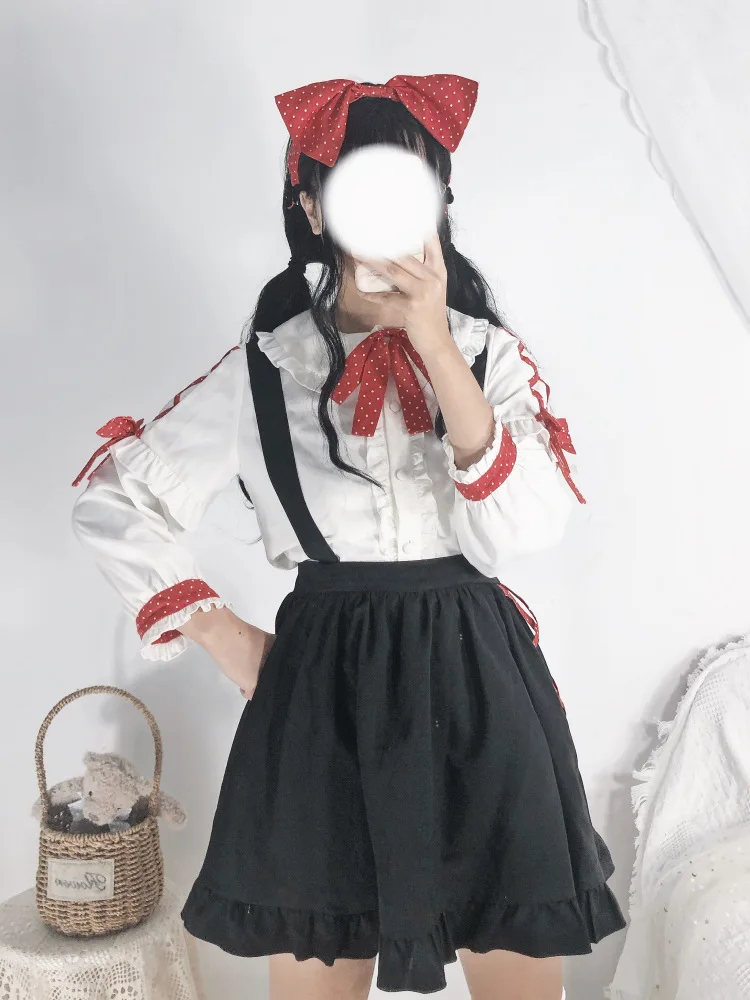 Japanese student sweet lolita sets peter pan collar bowknot lolita shirt+falbala strap skirt kawaii girl gothic lolita sets loli