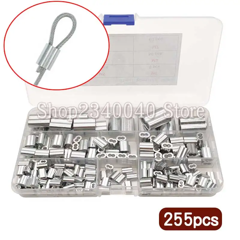 

255pcs Crimp Sleeve Aluminum Crimping Loop Sleeve Assortment Kit Wire Rope Cable Fishing Line Tube Connectors M1.5/2/2.5/3/5/6mm