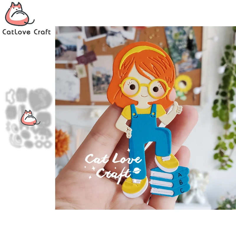 Catlove Girl stepping on book Metal Cutting Dies Scrapbooking Stencil Die Cuts Card Making DIY Craft Embossing New Dies For 2021