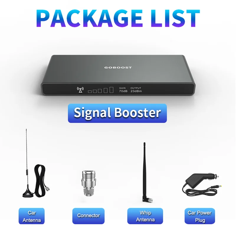 GOBOOST Amplificador de sinal para uso em carro 70dB Ganho 2G + 3G + 4G Amplificador celular LTE 700 800 850 900 1800 2100 MHz Kit repetidor de rede