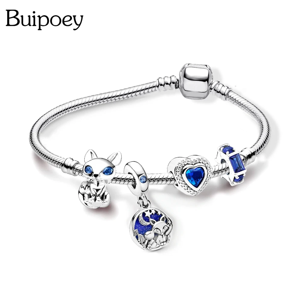 Buipoey New Blue Fox Beads Silver Color Charm Bracelets For Women Original Shiny Heart Exquisite Boy Girl Bangle Jewelry