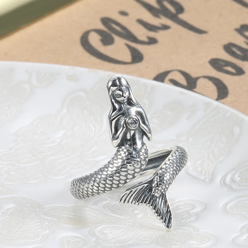 Kinel Hot Sale Trendy 100% 925 Sterling Silver Animal Collection Mermaid Family Finger Rings For Women Silver Jewelry Gift