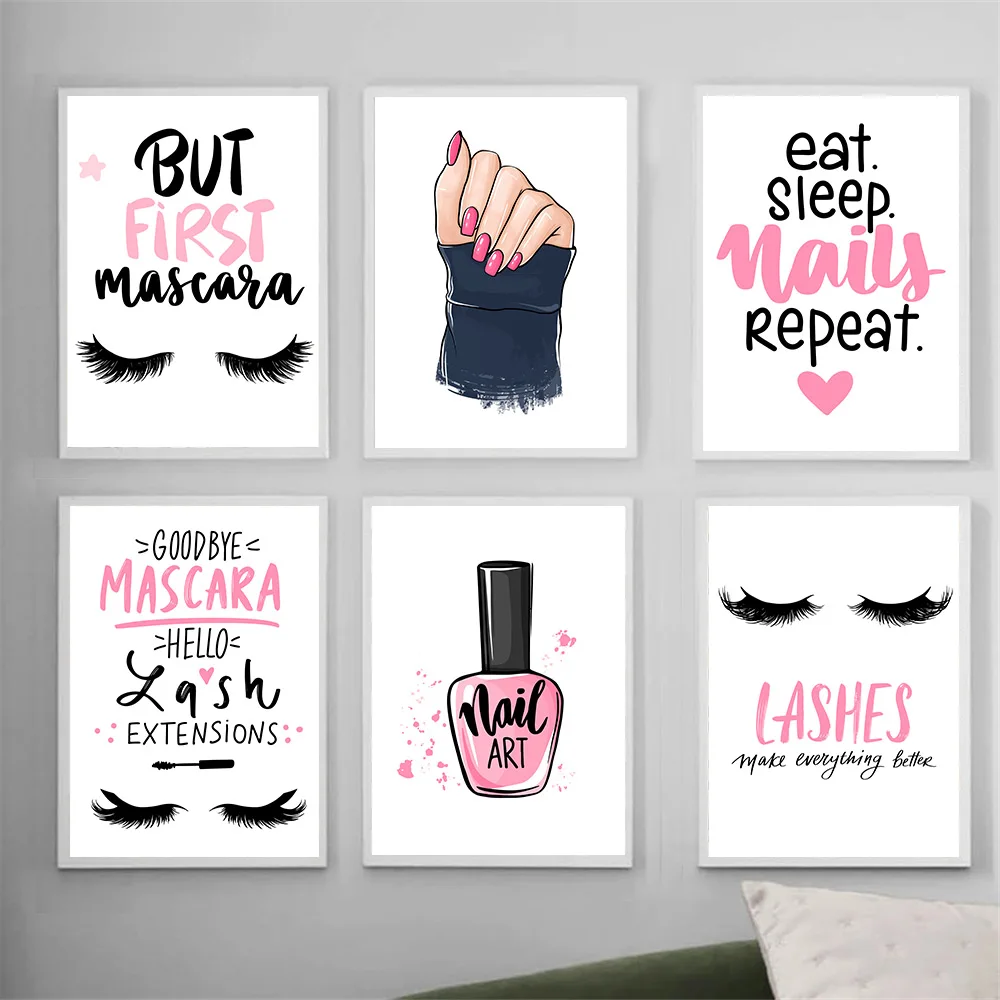 Pink Nail Polish Eyelashes Poster Picture Fashion Wall Art Prints Quotes Canvas Painting Nordic Posters Girls Room Salon Decor