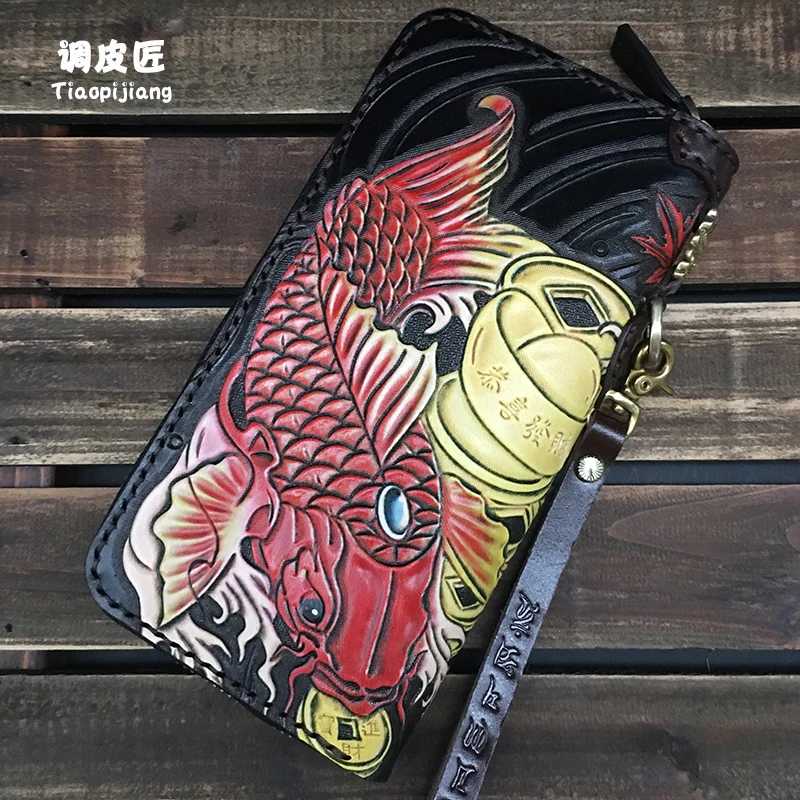 ★cobbler wallet male popular logo zipper long money hand bag men's wallet leather personality youth hand carved package