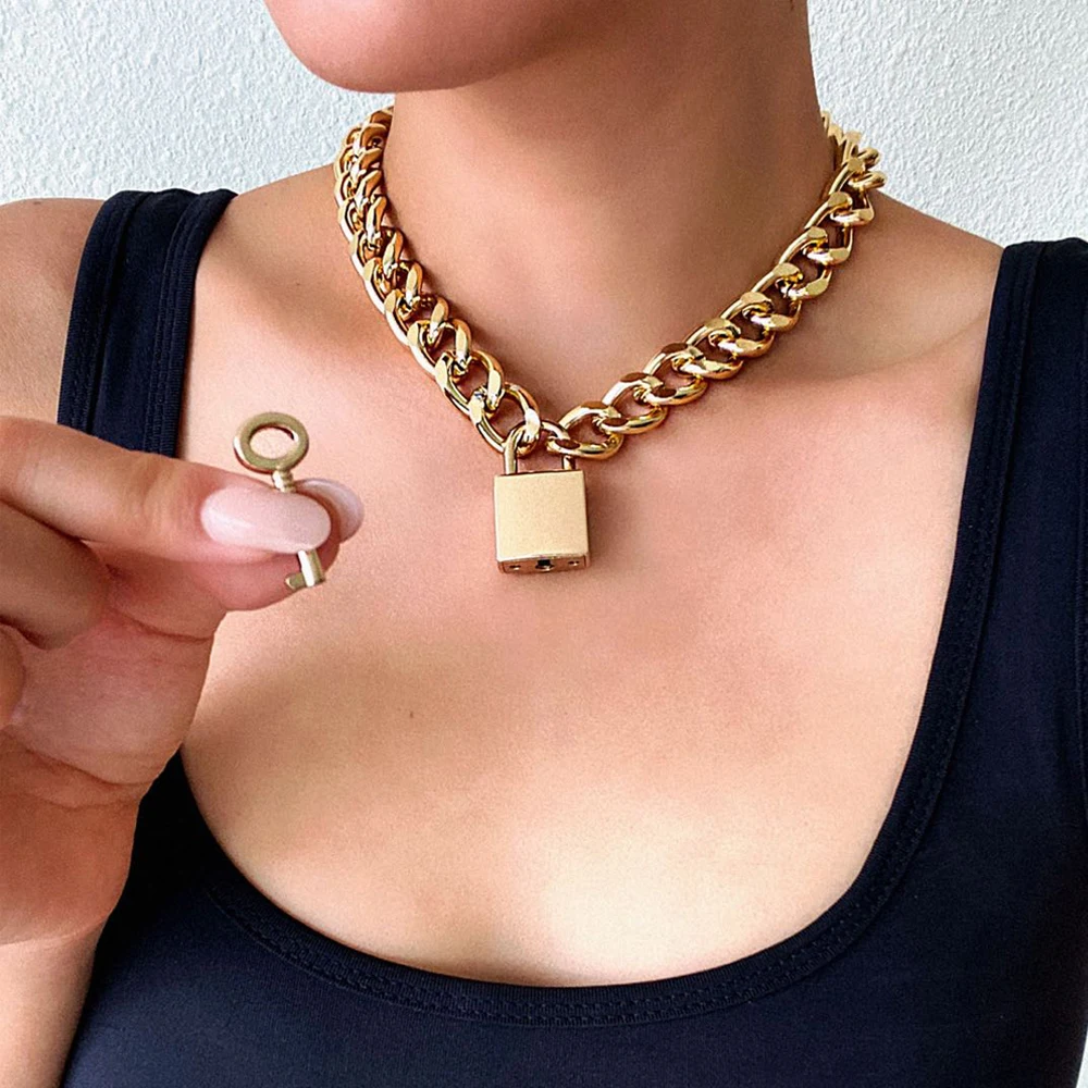 Vintage Chunky Thick Link Chain Necklace For Women Gold Color Padlock Couple Pendants On Neck Fashion Jewelry Gifts