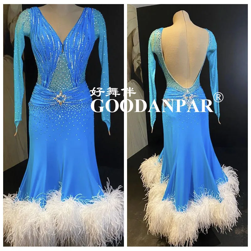 GOODANPARCostume 2020 New Standard Ballroom Dance Dress Women Girls Competition  Waltz Stage Long Sleeve Feather