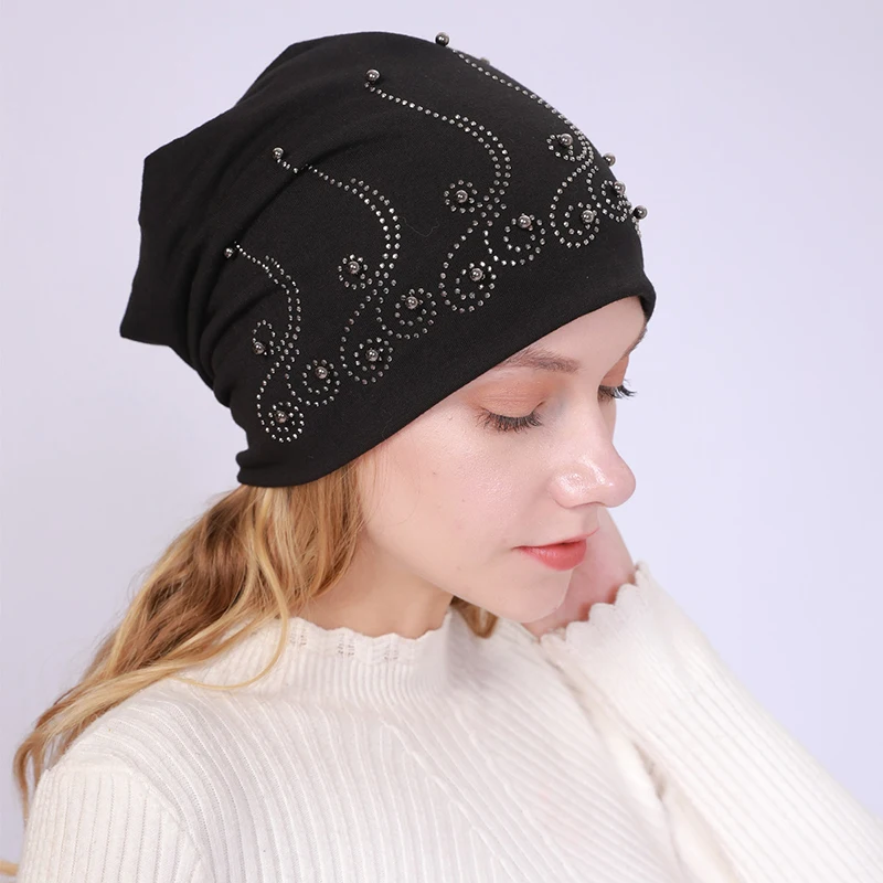 Women Summer Lace Pearl Rhinestone Sunscreen Sun Hat Female Spring Double Layer Cotton Windproof Warm Black Cap Headscarf R18