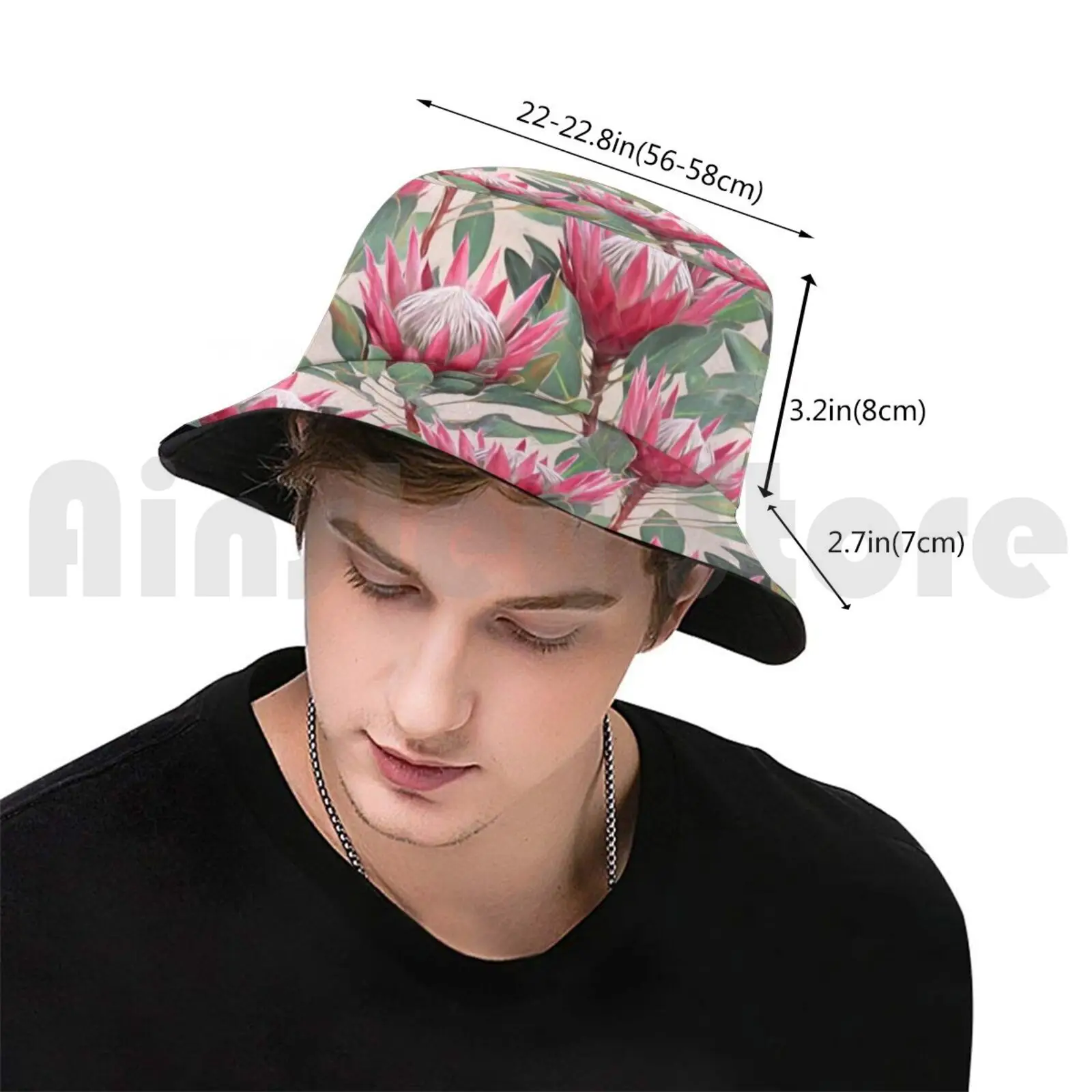 Painted King Proteas On Cream Sun Hat 2448 Bucket Hat Protea King Proteas Floral Flower Pattern Painted