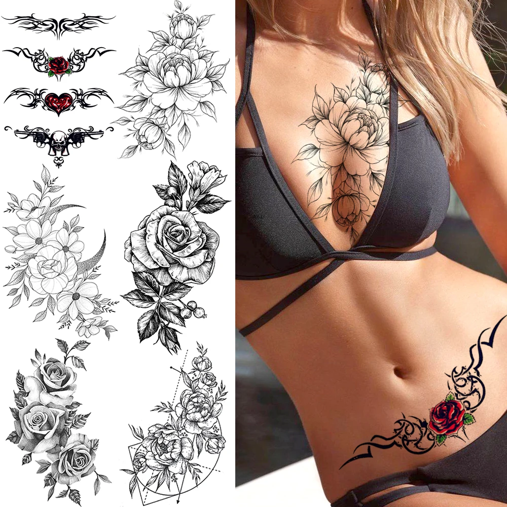 YURAN-Tatouages Temporaires pour Femme, Autocollants Totem Tulipe Noire, Corps, Taille, Bras, Bracelet d'Art, Bol, Papillon, Rose