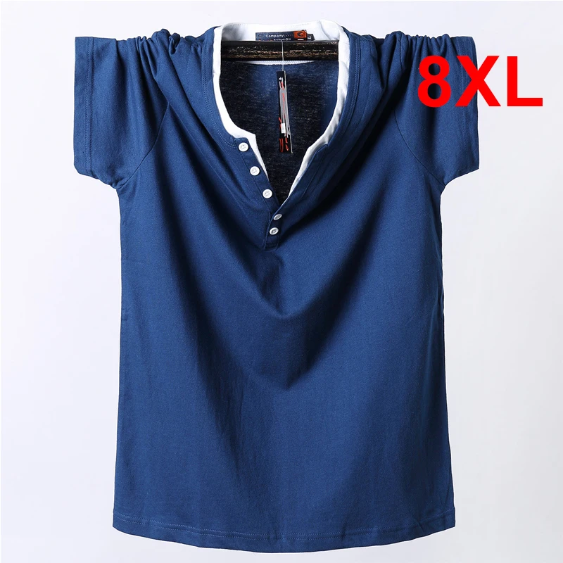 7XL 8XL Plus Size T-shirt Men 2021 Summer Short Sleeve Tshirt Cotton Casual Solid Color Button Tops Tees for Fat Male Big Size