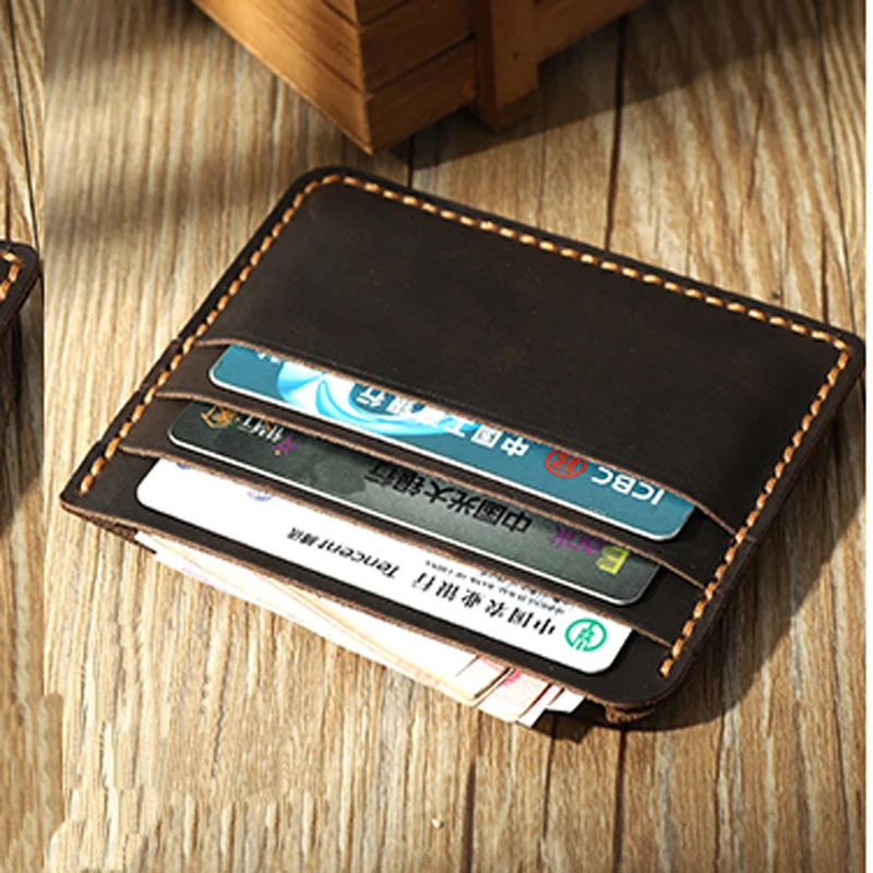 Handmade Vintage Genuine leather Credit Card Holders Men Small Card ID Holder women coin bag simple Thin Name Bus Card Sleeve