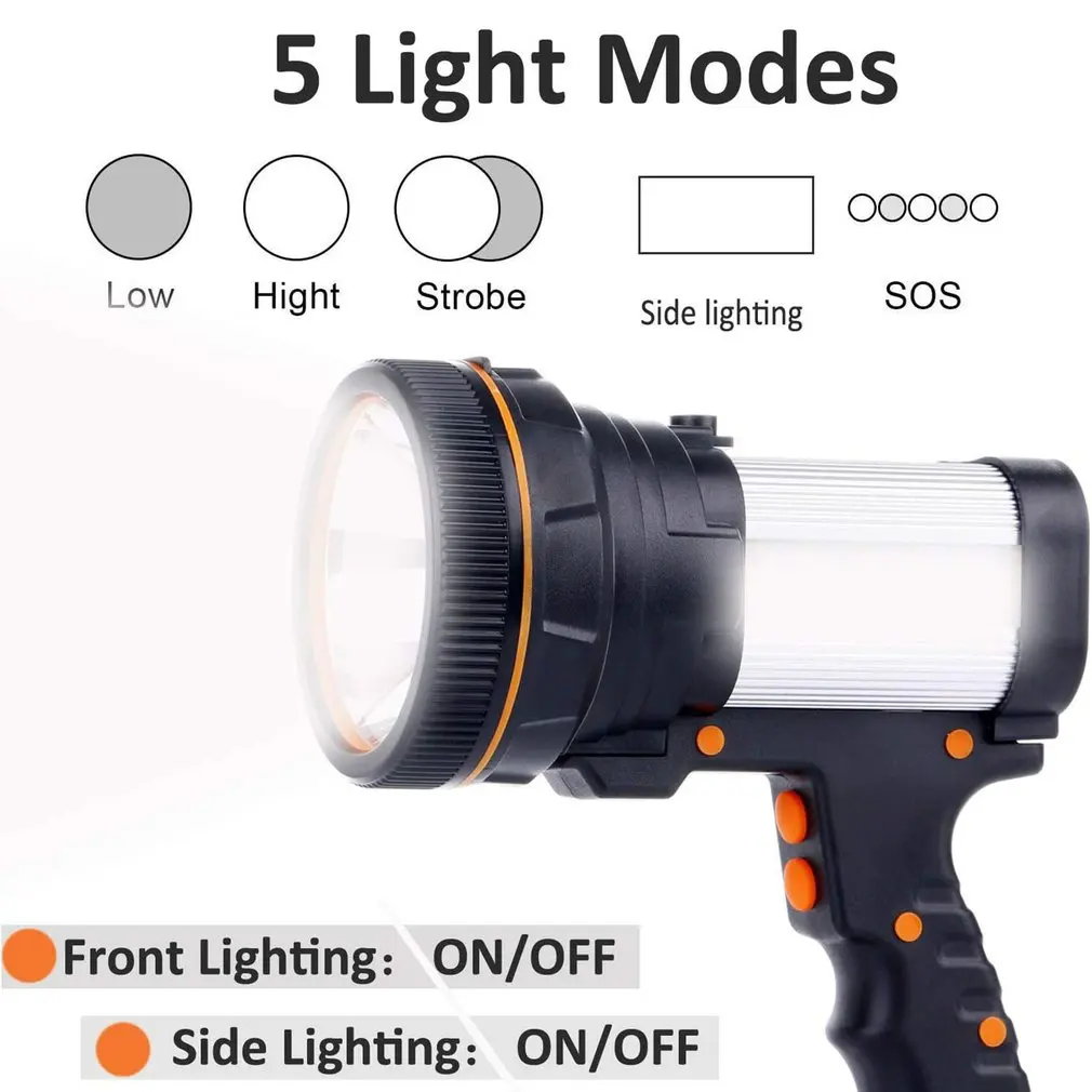 Handheld Searchlight 5 Light Modes LED Rechargeable Super Bright With Ergonomic Handle And Side Light Searchlight Flashlight