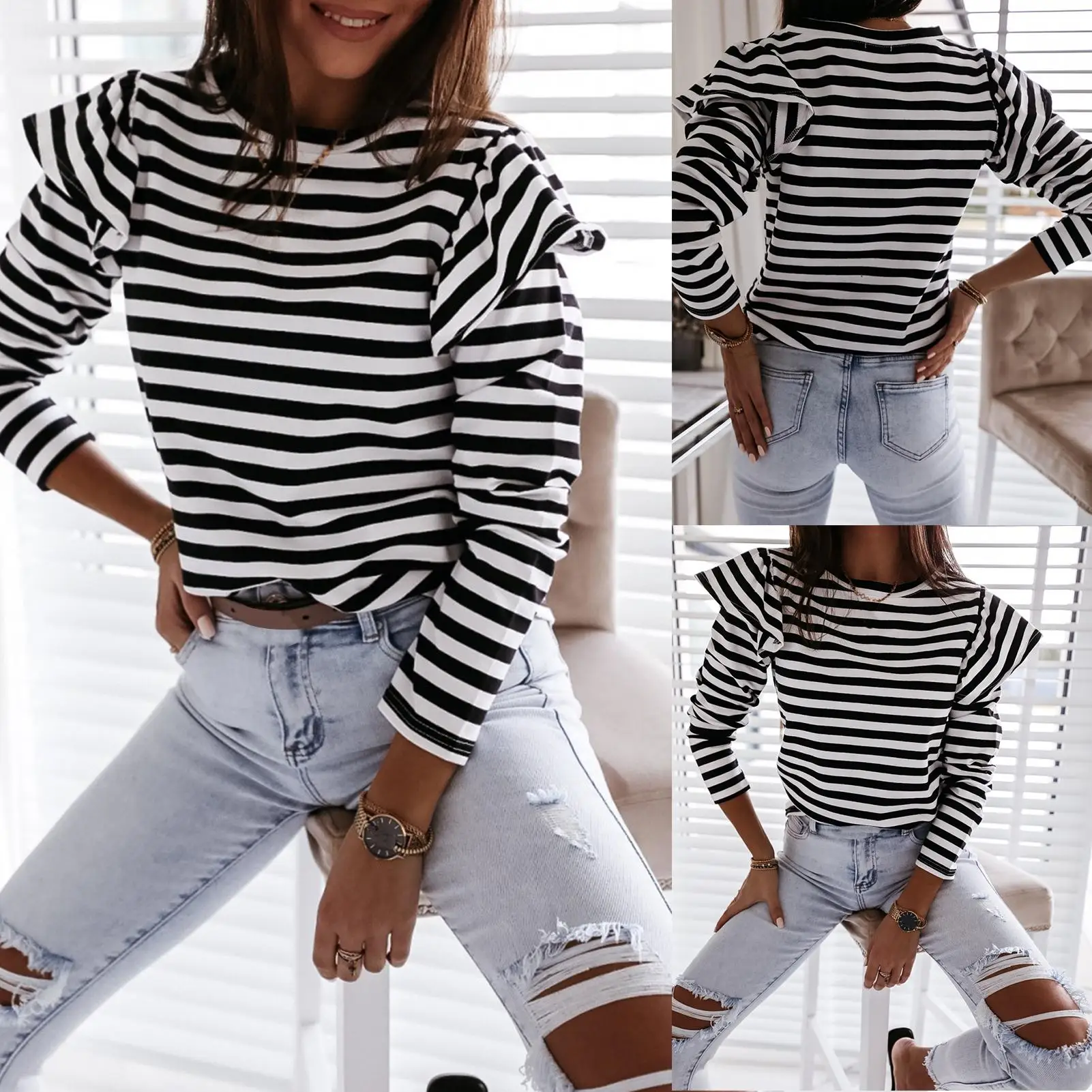 Striped T shirt for Women Autumn Long Sleeve Tshirt Pullovers Women Casual Ruffled O Neck Tshirts Jumpers Top femme t-shirts