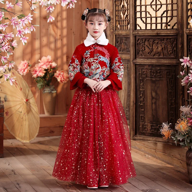 Robe de nouvel an chinois pour enfants, jolie ancienne Hanfu brodée pour filles, costume Tang traditionnel épais et matelassé