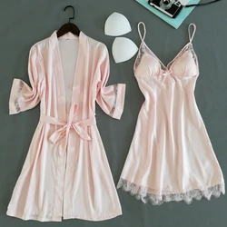 Pink 2PC Pajamas Sleep Set Women Lace Nightwear Kimono Robe Gown Suit Sexy V-Neck Sleepwear Strap Top Home Clothing Negligee