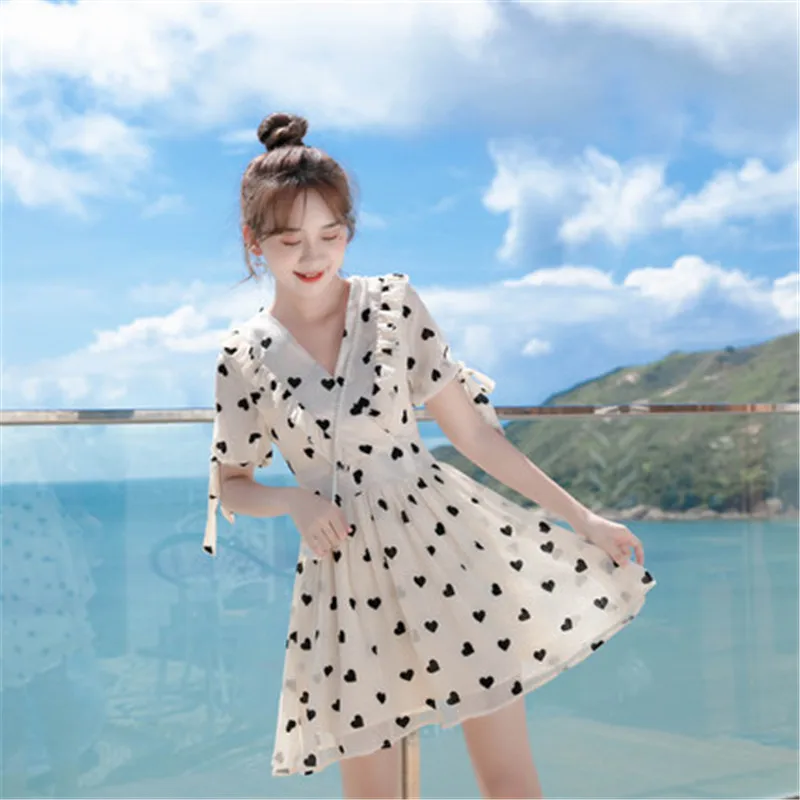 

New Cute Mini Sundress Women's Clothes 2022 Elegant Summer Short Sleeve Printed Slim Chiffon Dress b319