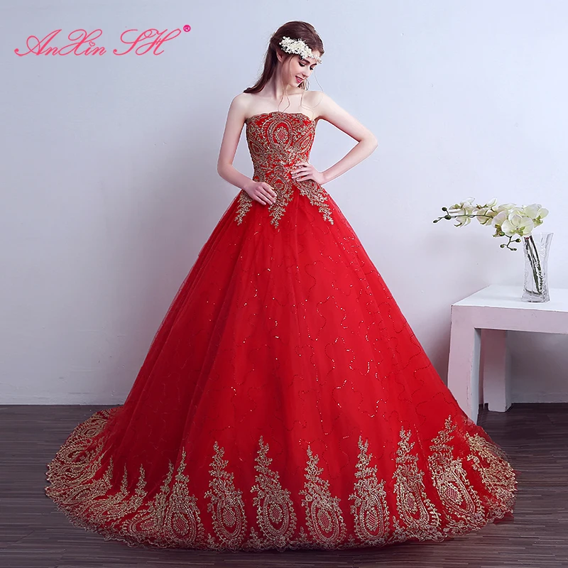 AnXin SH princess red lace court train luxury golden lace strapless sleeveless turkey bride red customized wedding dress