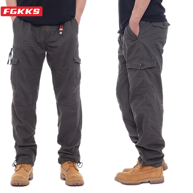 FGKKS Men Multi-pocket Cargo Pants Zipper Pure Cotton Straight Leg Pants Loose Casual Solid Color Construction Pants