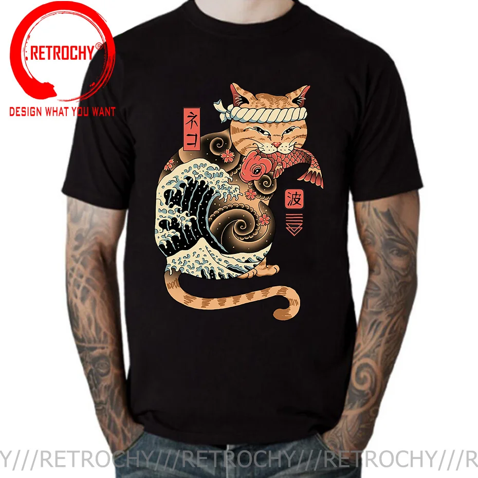 Japanese Cartoon Ninja Cat Knife Print T Shirt men 2022 New Anime Samurai Ukiyoe Cat Cartoon T-Shirt Harajuku Streetwear Tshirt