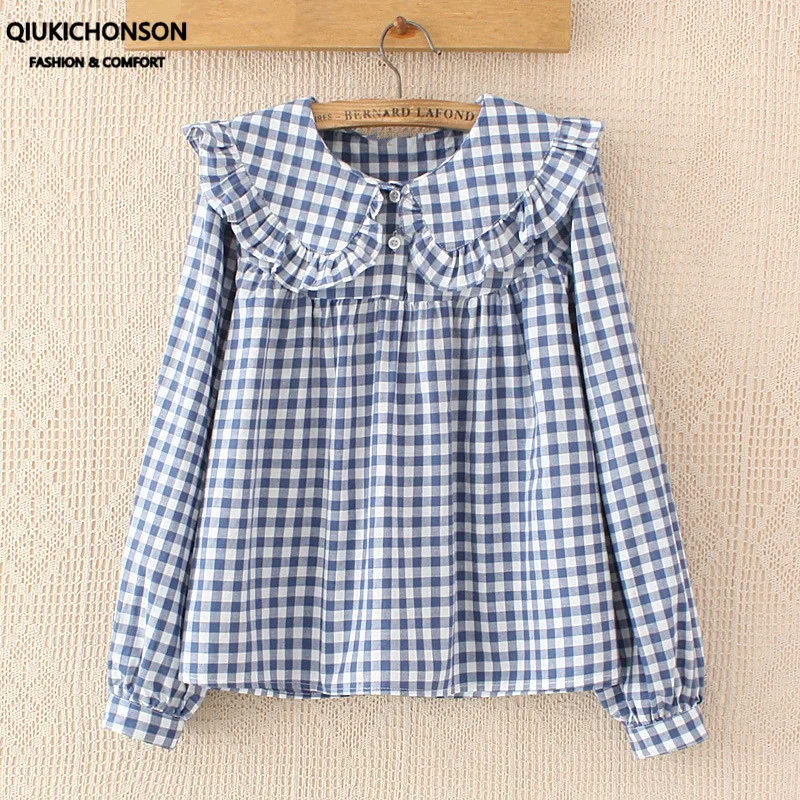 Women Plaid Shirt Long Sleeve Spring Summer Tops Ladies Japanese Mori Girl Peter pan Collar Cute Baby doll Cotton White Blouses