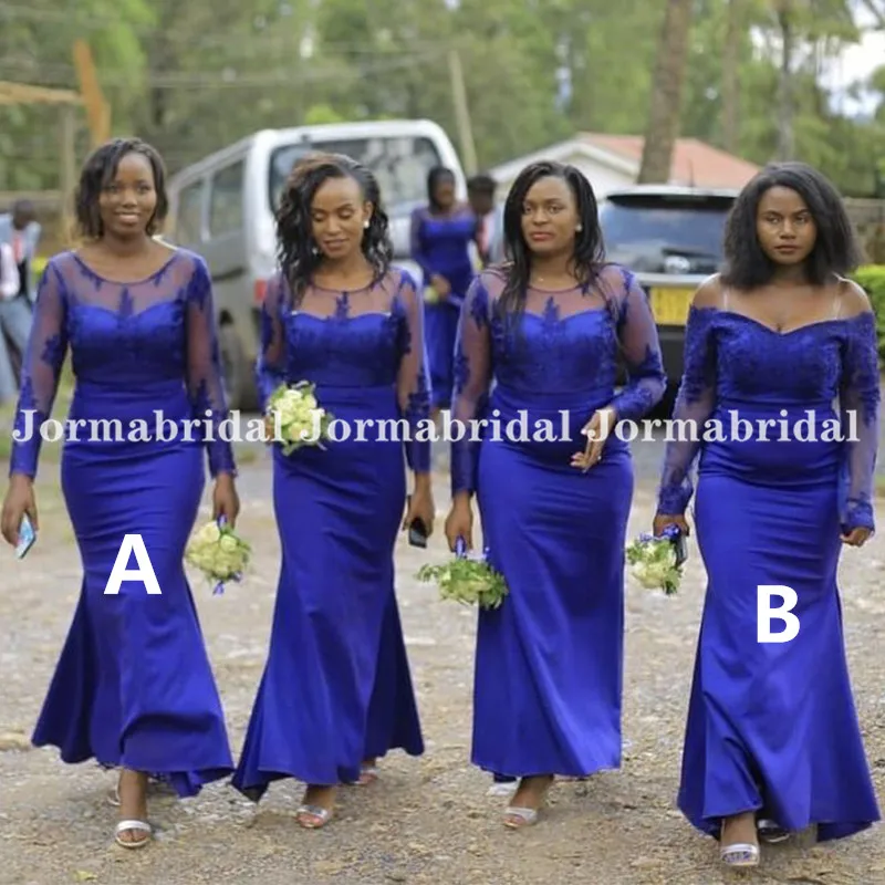 Royal Blue Lace Bridesmaid Dresses With Long Sleeves Plus Size Mermaid Long Bridal Party Dress Formal Long Maid Of Honor Gowns