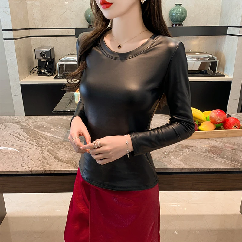 Autumn Winter Leather Shirt Women Warm Blouse Skinny Elastic PU Leather Long Sleeve Top Mujer Large Size 3XL 4XL chemise femme