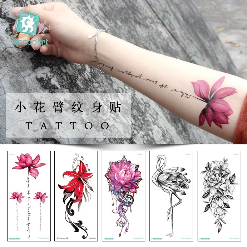 Tato bunga Flamingo hitam Taty mawar tato palsu anggrek teratai seni tubuh tahan air tato sementara stiker tatuajes temporales