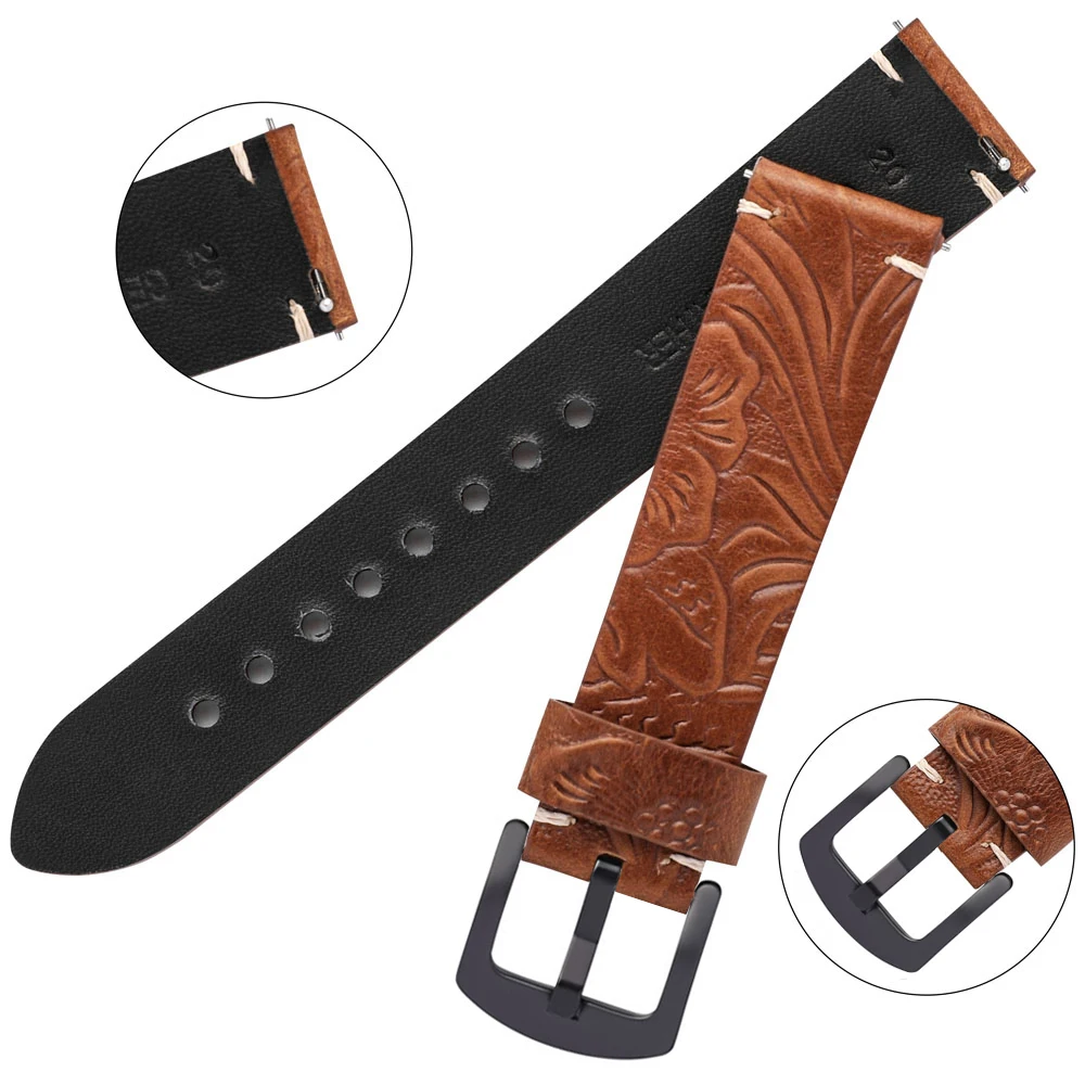 Embossing Leather Watch Straps 20mm 22mm Retro Watchbands Blue Brown Cowhide Wrist Bracelet For Smart Watch