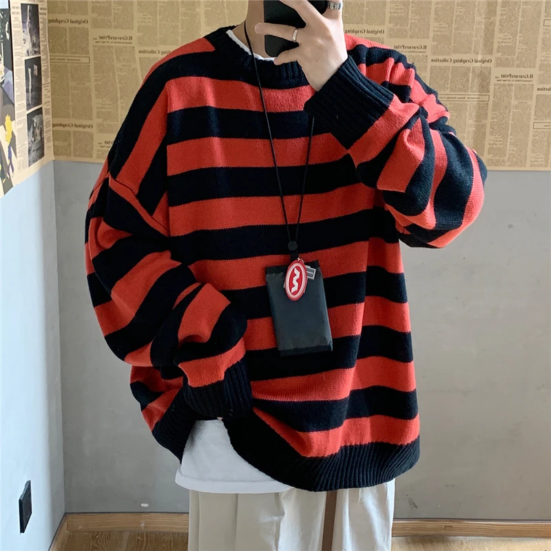 Winter Knitted Sweater Men Striped Sweaters O-Neck Pullover Male Harajuku Oversized Sweaters Women Couple Hip Hop Jumper 2022