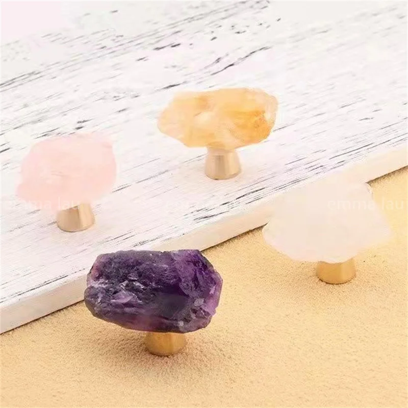 New Natural Rough Fluorite Stone Knob and Handle Brass Base Drawer Kitchen Cupboard Closet Door Knobs Clear Crystal Handles