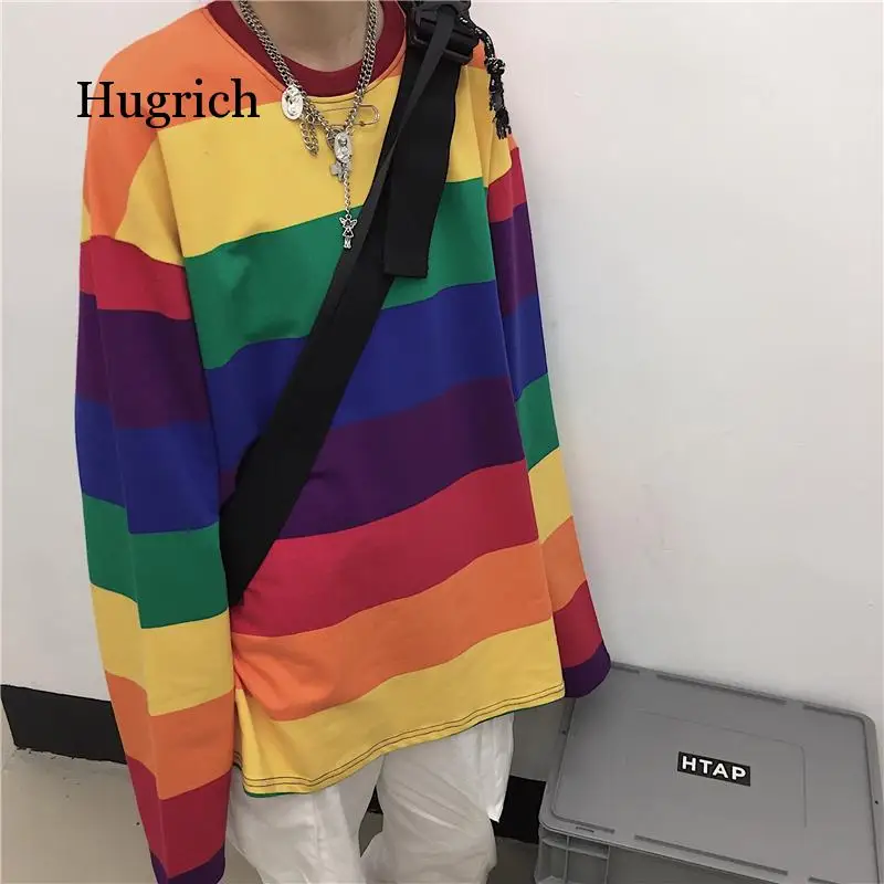 Causal Cotton t Shirt Women Striped T-Shirt Rainbow Shirt Female Harajuku Loose Top Shirts Punk Style Top