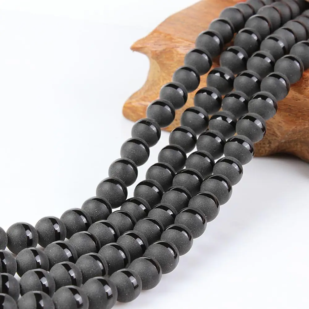 Natural Round Frosting Black Agate One Line Polishing Gemstone Loose Beads 6 8 10 12mm For Necklace Bracelet DIY Jewelry Making