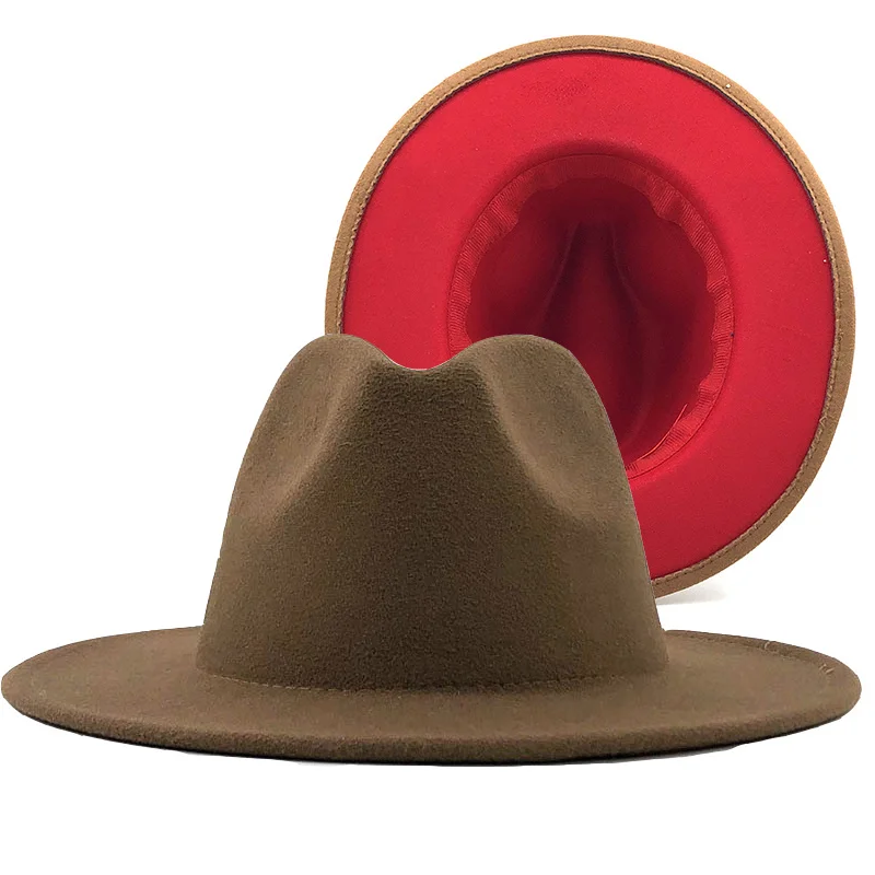 

Outer khaki Hot Inner Red Wool Felt Jazz Fedora Hats with Thin Belt Buckle Men Women Wide Brim Panama Trilby Cap 56-58-60CM