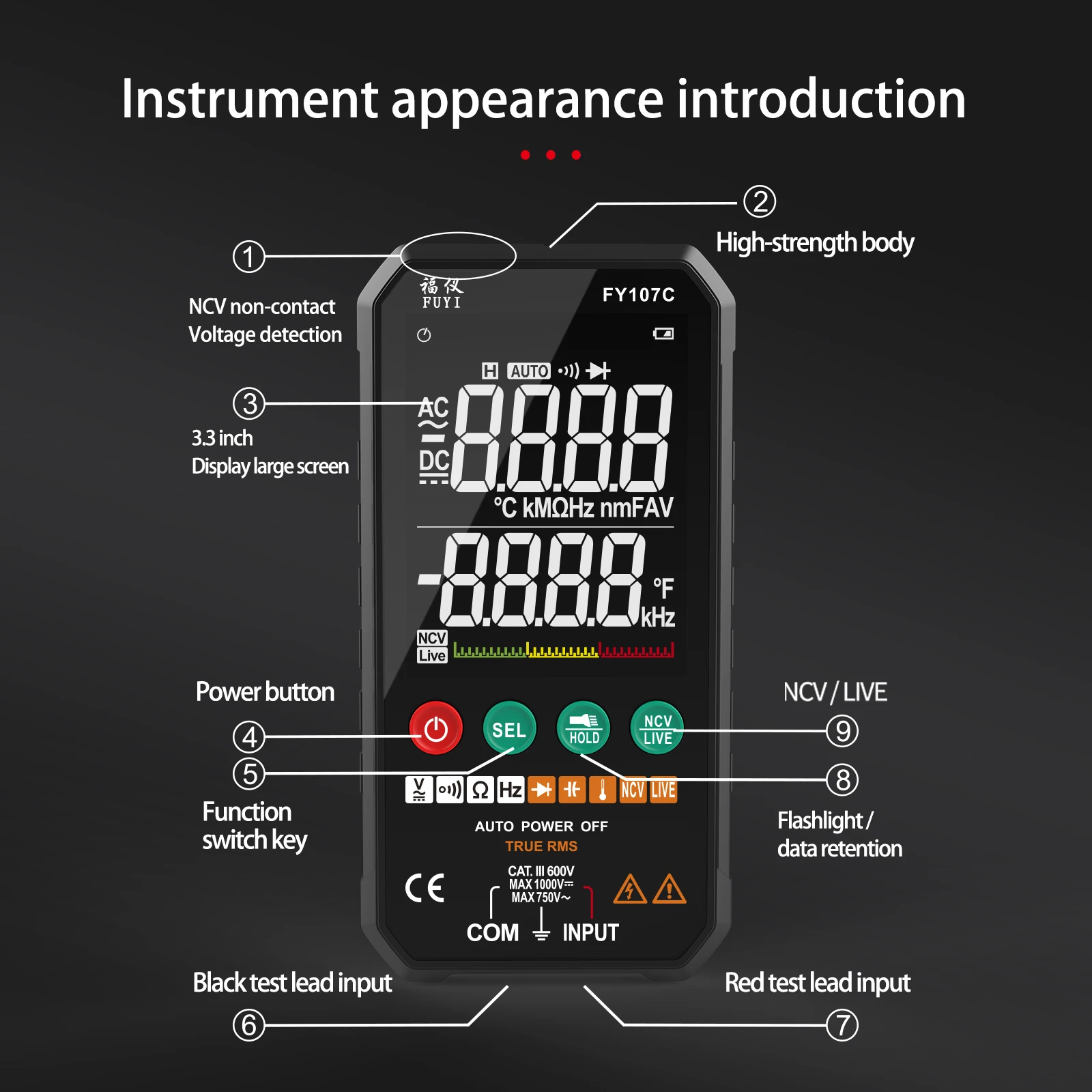 FY107C 6000 Counts Digital Multimeter Ture RMS AC DC NCV Transistor Duty Multimetro Capacitor Temperature Voltage Smart Meter