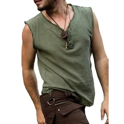 Adult Men Medieval Renaissance Shirt Pirate tunic top Larp Viking Costume Sleeveless peasants Shirt Middle Age Cosplay Top 5XL