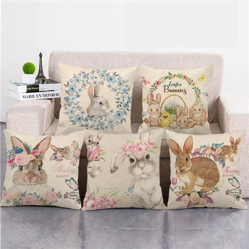 Easter Egg Rabbit Linen Cushion Cover Sofa Office Pillowcase Cushion Car Seat Cushion Cover Easter Decor Party Home Decor