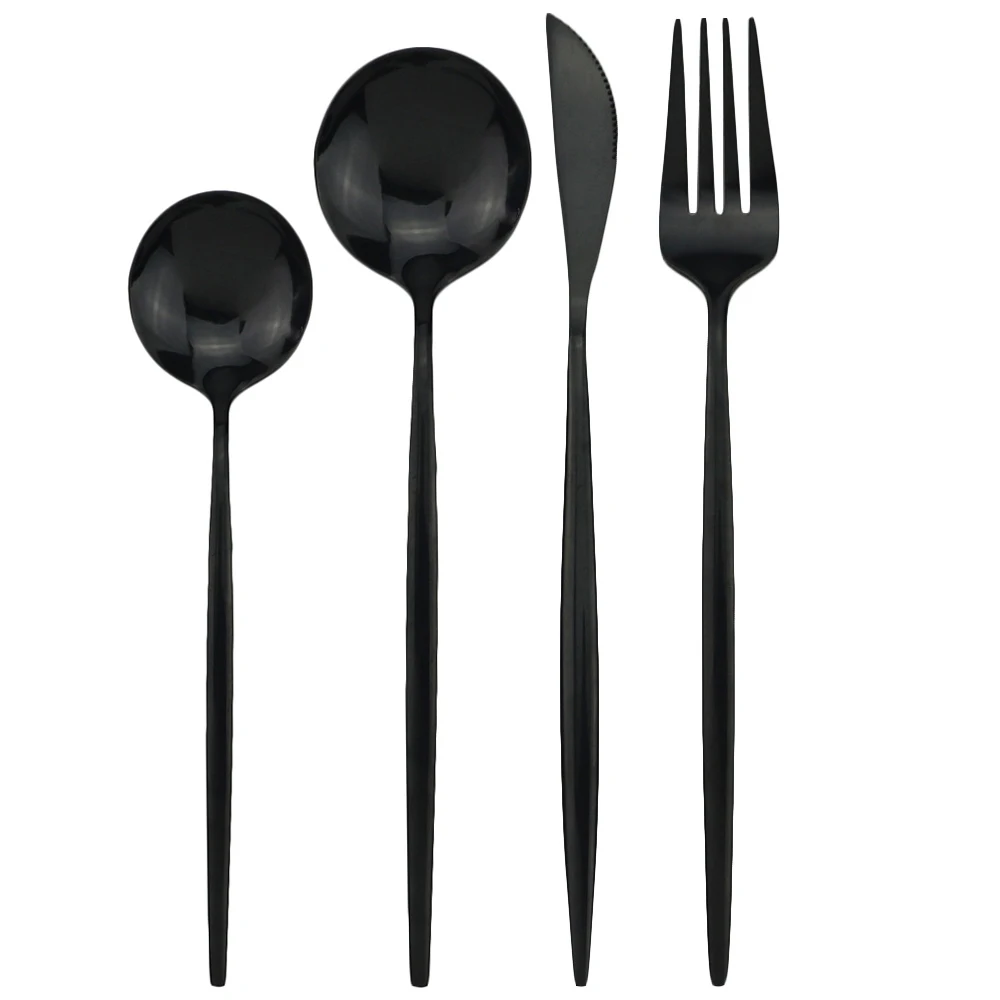 

JANKNG 4Pcs Black Dinnerware Set Dessert Spoon Flatware Set Stainless Steel Tableware Mirror Kitchen Gold Cutlery Silverware Set