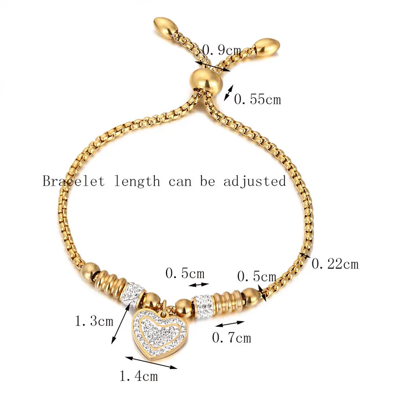 Adjustable Size Full Zircon Heart Charm Stainless Steel Gold Color Bracelet For Women Kids Best Christmas Birthday Gift