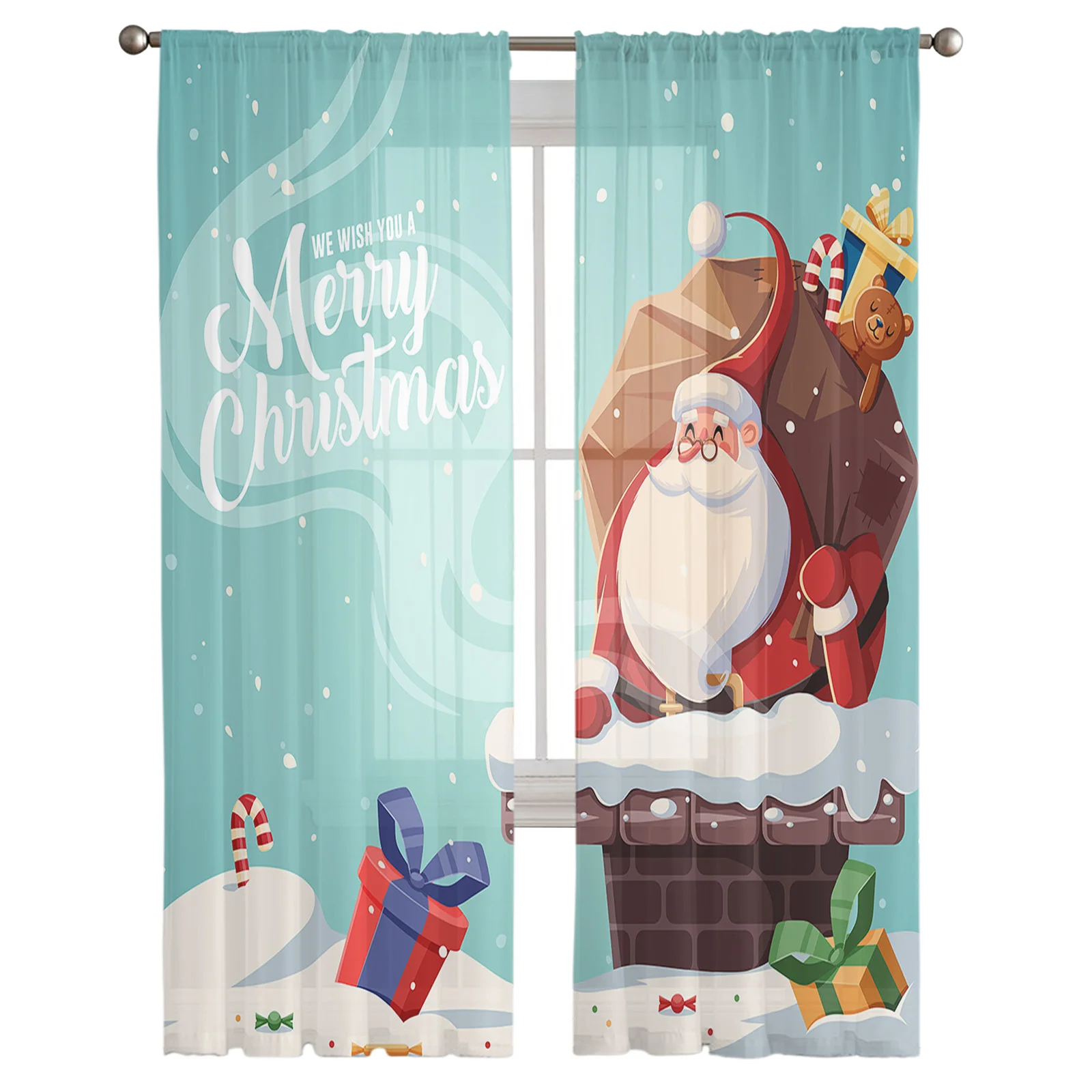 Christmas Santa Claus  Chimney Gift Sheer Curtains Christmas Decorations for Home Window Tulle Curtains For Living Room Bedroom