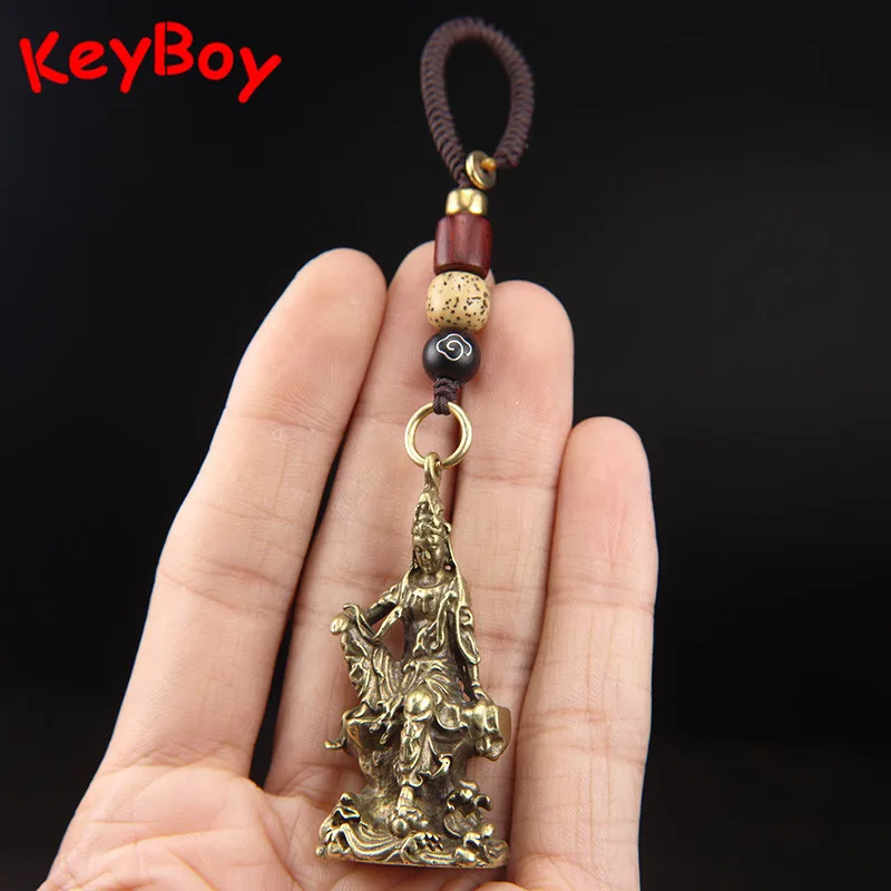 Vintage Brass Guan Yin Buddha Figurines Lanyard Pendant For Keychain Jewelry Car Key Chain Ring Hanging DIY Keyrings Accessories