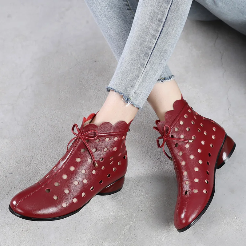 GKTINOO 2024 Summer Ankle Boots Genuine Leather Shoes Women Med High Heel Back Zipper Boots Cutout breathable Mujer Zapatos