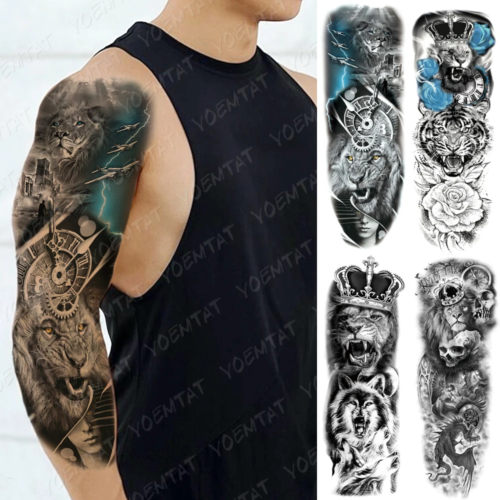 

Large Arm Sleeve Tattoo Lion Tiger Rose King Waterproof Temporary Tatto Sticker Wolf Crown Body Art Full Fake Tatoo Women Men